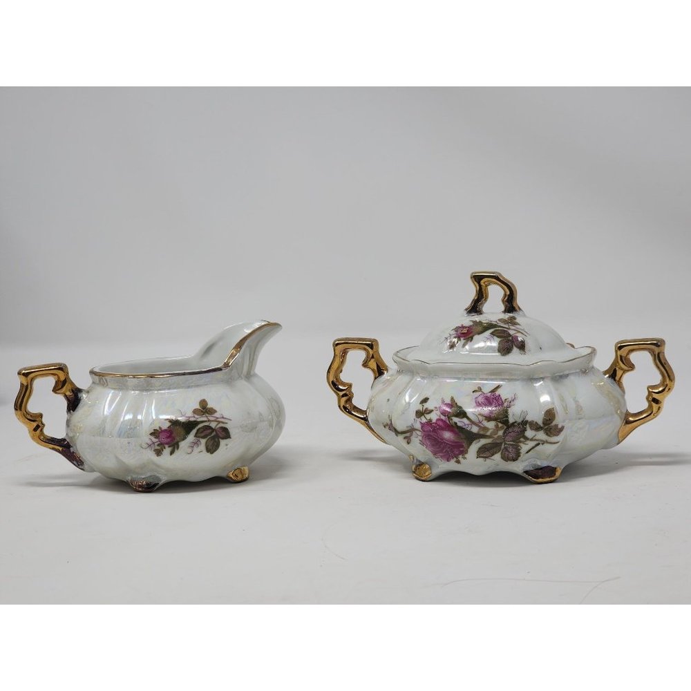 Vintage Royal Sealy Of Japan Sugar And Creamer Bowl Set Moss Rose Gold Trim